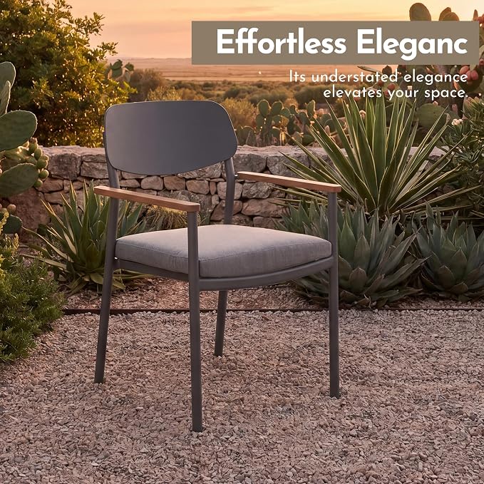 Modern Shade Lusso Outdoor Dining Chairs Set of 6, Fade Resistant, All-Aluminum Outdoor Chairs with FSC Teak Wood Armrests, Weather-Resistant Patio Chair with Quick Dry Cushion, Gray