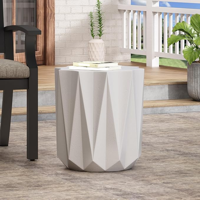 Outdoor Side Table 15.5" Geometric Shape Lightweight Concrete-Look Outdoor Indoor Accent Table Decorative Garden Stools, for Patio Porch Living Room, White