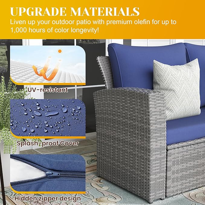4-Piece Outdoor Patio Furniture Set, All Weather Wicker Rattan Sectional Sofa Conversation Seating Set with Cushions & Large Glass Coffee Table, Ideal for Garden Backyard Porch, Blue