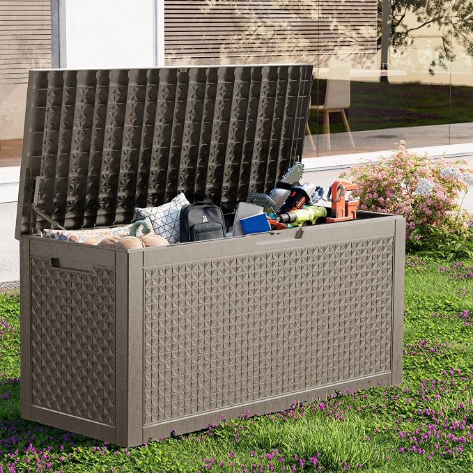 Outdoor Waterproof Resin Storage Deck Box Lockable Outside Bench UV Resistant Bin Patio Porch Furniture Pool Float Garden Tool Cushion (Grey, 110 Gallon)