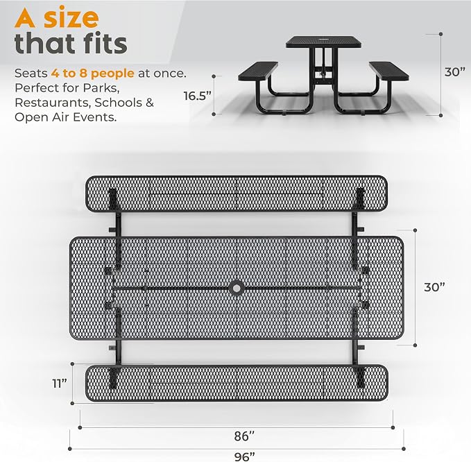 Commercial Heavy-Duty Metal Picnic Table - ADA Compliant, Adjustable Seats, Umbrella Hole, Expanded Metal (Black, 8' Rectangular)