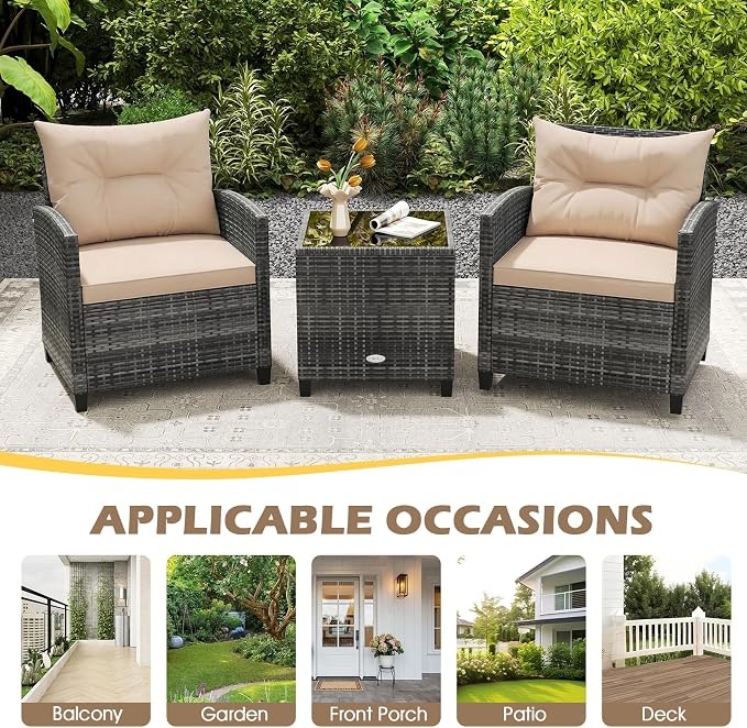 ORALNER 3 Pieces Patio Furniture, Outdoor Wicker Conversation Set Chairs with Soft Cushions and Glass Coffee Table, Mix Gray Rattan Bistro Set for Balcony Garden Deck Front Porch Poolside (Beige)