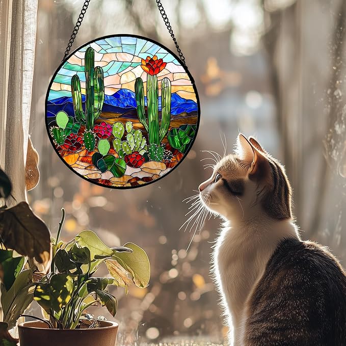 DASTOLL Stained Glass Window Hanging, Green Cactus Suncatcher for Doors Window Home Plant Landscape Sun Catchers Decoration Mother's Day Birthday Gifts for Women, Men, and Mom 6.3 in