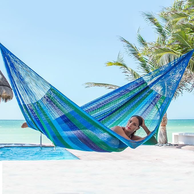 NOVICA Blue Green Striped Hand Woven Nylon Mayan 1 Person Rope Hammock, 'Sea Breeze' (Single)