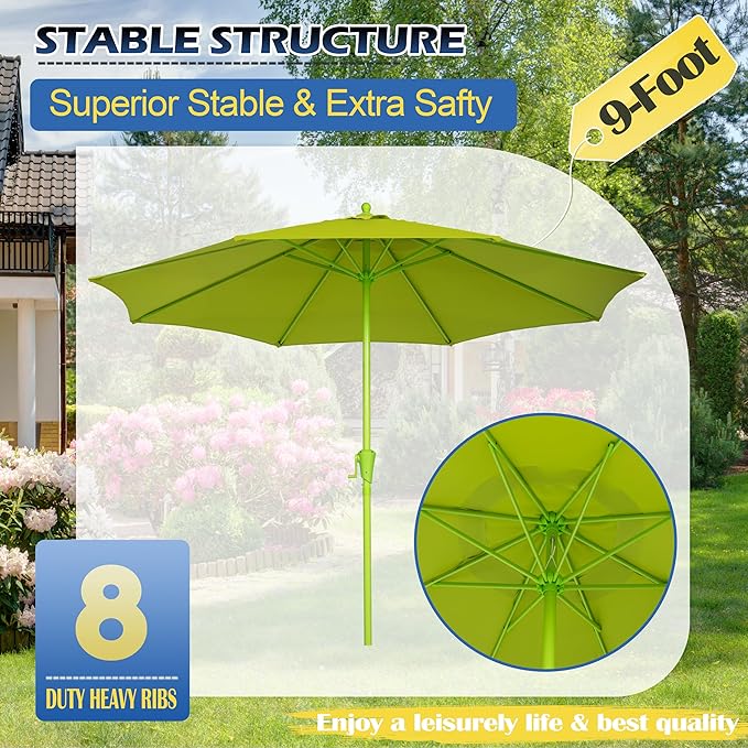 Sunnyglade 9FT Outdoor Patio Umbrella, Market Table Umbrella with 8 Sturdy Ribs and Crank System, Fade-resistant & Waterproof for Garden Backyard Poolside Deck