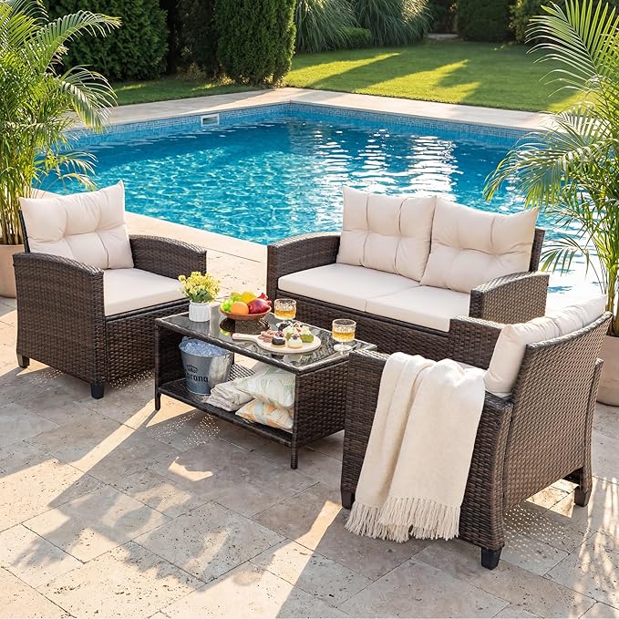 Devoko 4-Piece Patio Furniture Set, All-Weather PE Rattan Outdoor Conversation Set with Thick Cushions & Glass Coffee Table, Brown Wicker Patio Sofa Set for Backyard, Porch, Garden
