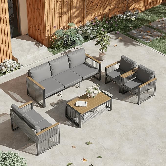 HOMREST 5 Pieces Patio Set,7 Seats Outdoor Furniture Sets,Modern Chair Conversation Sets with Coffee Table,Love Seat,3-Seat Sofa for Deck Poolside Yard(Grey)