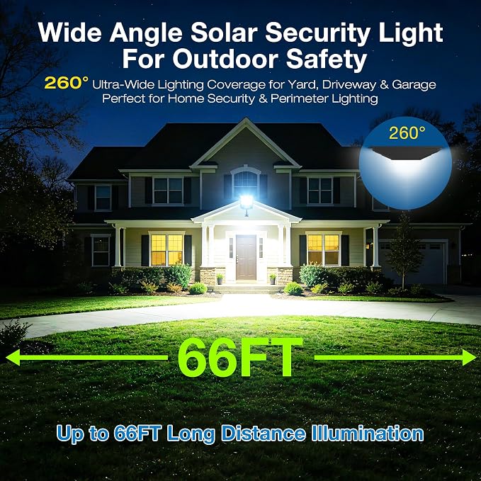 Solar Lights Outdoor, 6500K Motion Sensor Security Lights, 2-Pack | IP66 waterproof with dusk to dawn lighting, motion sensor and remote control for yards, parking lots, courtyards and garages