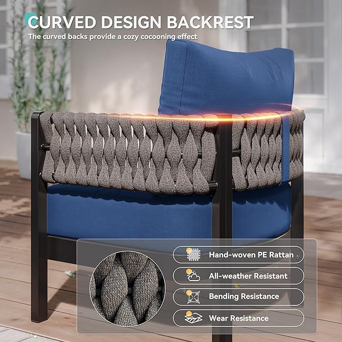 Kullavik Aluminum Patio Furniture Set 5 Pieces,Metal Outdoor Furniture with Modular Coffee Table,HDPE Rope Sectional Conversation Set w/5.9" Thick Cushions for Deck,Porch,Backyard