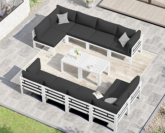 NICESOUL 12 Piece Modern Aluminum Outdoor Patio Furniture Set with Coffee Table, Extra Large L Shaped Modular Sectional Couch, 29" Wide Deep Seating Conversation Sofa for Terrace Exterior, Black
