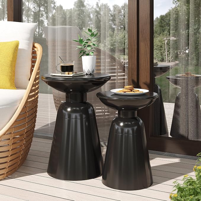 Merax Outdoor Iron Side Tables Set of 2 (15"x21", 12"x17") Modern Art Flared Design Weather Resistant End Table for Indoor Outdoor Patio Backyard Pool (Black)