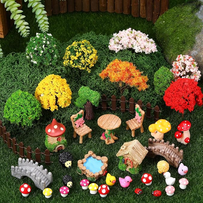 68 Pcs Fairy Garden Accessories Mini Resin Animals Figures | Miniature Ducks Mushroom Ladybug Table and Chairs Bridge Pond Fence Moss Bonsai Landscape Ornaments Kit for Garden DIY Craft