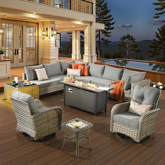 CAODOC 11-Piece Outdoor Sectional Sofa Set with 54" Fire Pit – L-Shaped Wicker Patio Furniture, Deep Seating & Swivel Rockers,Dark Gray