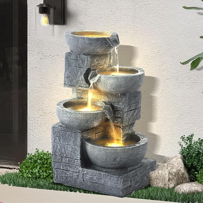 Outdoor Water Fountains with Cascading Bowls, 4-Tiers Fountains and Waterfalls w/LED Lights,Indoor Morden Floor Standing Resin Water Feature for Garden Patio Backyard Home Decor (Light Grey)