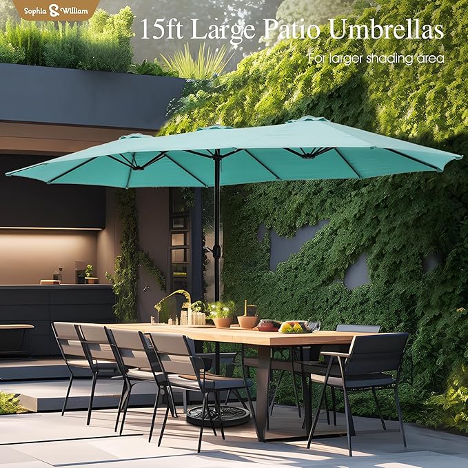 Sophia & William 15 ft Extra Large Patio Umbrella with Base Included, Rectangular Outdoor Umbrella Heavy Duty, Market Umbrella Double-sided Fade Resistant for Pool Garden Backyard, Turquoise
