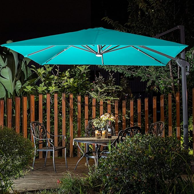 Sunnyglade 10x10ft Solar Powered LED Cantilever Patio Umbrella Square Deluxe Offset Umbrella 360°Rotation & Integrated Tilting System & LED lights for Market Garden Deck Pool Backyard Patio