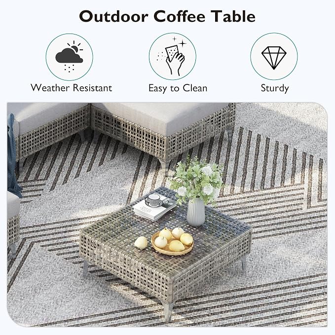 7-piece Wicker Patio Furniture Set, Outdoor Conversation Set Sectional Sofa with Water Resistant Grey Thick Cushions and Coffee Table for Outdoor Couch, Porch, Backyard - Grey
