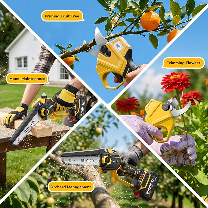 BUYJOY 4-in-1 Electric Pruning Shears & 6 Inch Pole Saw Combo, 1.8" Cutting Diameter Cordless Pruner, 2×4.0Ah Batteries, Adjustable Branch Cutter for Tree Trimming and Garden Pruning
