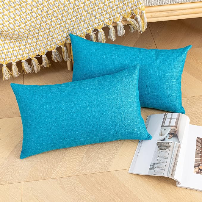 Kevin Textile Outdoor Waterproof 14”x24” Pillow Covers 2 Pack, Peacock Blue | Water Resistant, Soft Faux Linen-cotton Yarn-dyed Woven Texture Throw Pillow Covers for Tent Patio Garden Couch Sofa