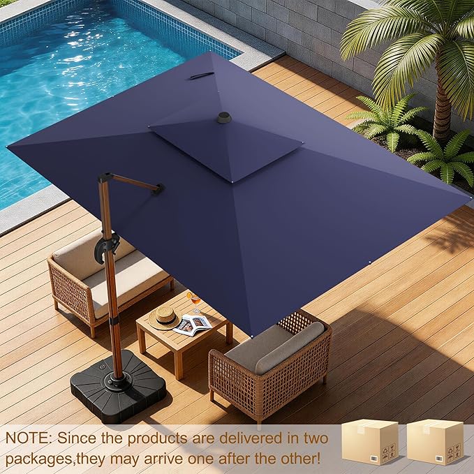 10x13FT Cantilever Outdoor Patio Umbrellas with Base, Double Top Wood Pattern Rectangle Umbrella, Heavy Duty 360°Rotation Offset Umbrella for Garden Deck Pool Patio, Navy Blue