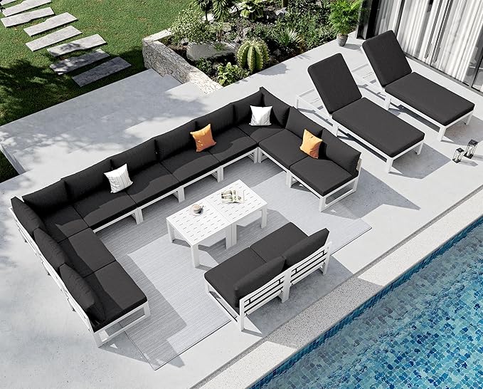 NICESOUL 16 Piece Luxury Aluminum Outdoor Sectional Sofa with Chaise Lounge, Oversized Modular Patio Furniture Set, 29" Deep Wide Seating, 500 lbs Heavy Duty Conversation Set for Backyard, Black
