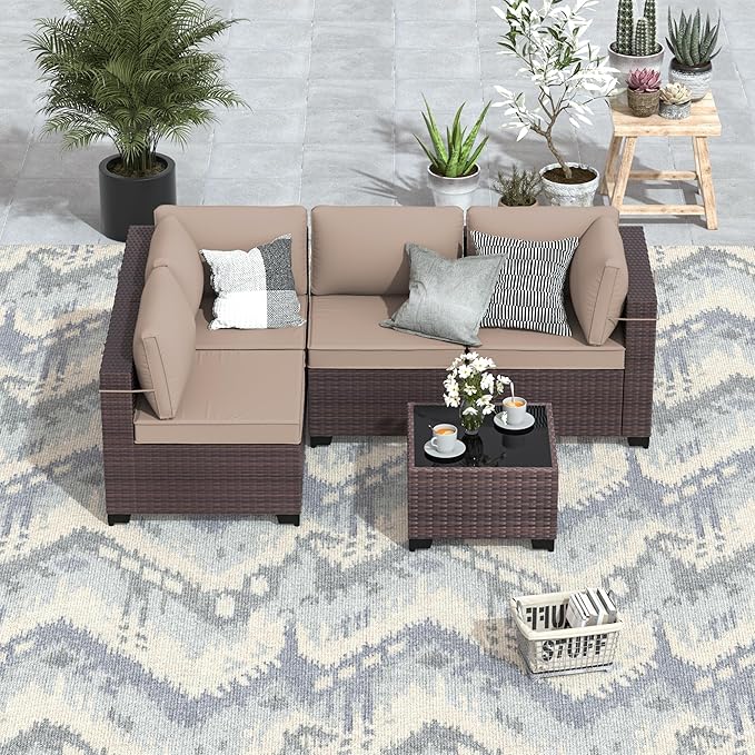 ALAULM 5 Pieces Patio Furniture Set Wicker Patio Conversation Set, Outdoor Sectional Furniture w/Coffee Table & Washable Seat Cushions-Sand
