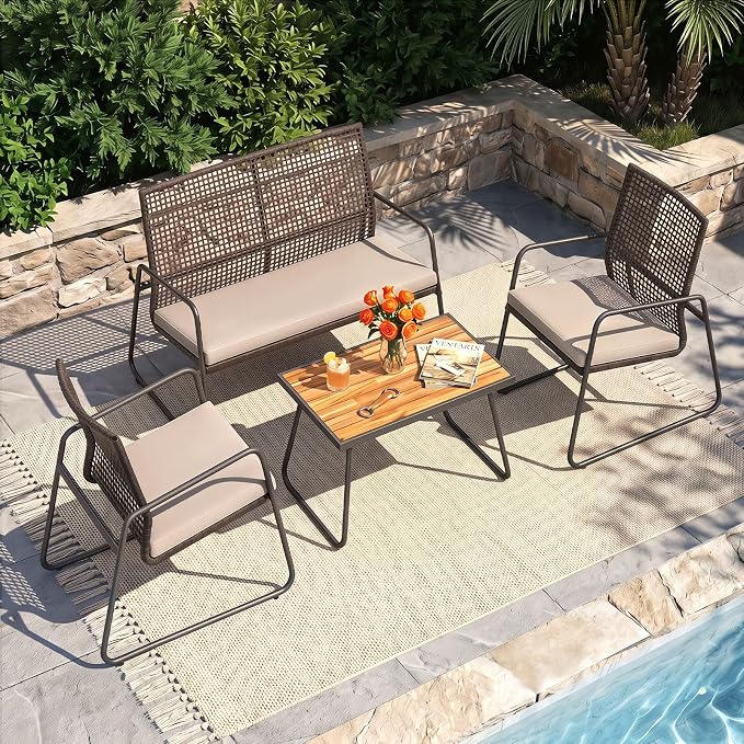 Tangkula 4 Pieces Patio Furniture Set, PE Wicker Rattan Conversation Set with Acacia Wood Coffee Table & Zippered Cushions, Outside Seating Set for Backyard, Garden & Deck (Beige, 4 Pcs)