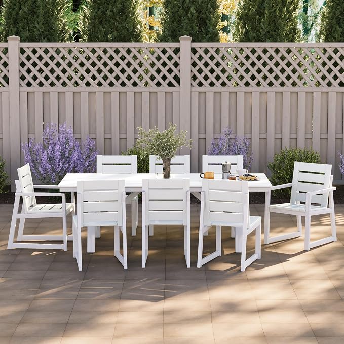 WestinTrends Cape May 9-Piece HDPE Outdoor Furniture Patio Dining Table with Umbrella Hole and Chairs Set for 8, White