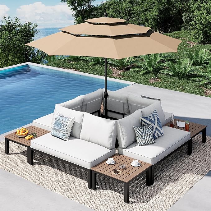 PHI VILLA Outdoor Sectional Furniture Set,8 Pieces Metal Patio Sectional Couch Set,Modern Patio Conversation Sets with Umbrella,Coffee Table,Thickened Cushion,for Poolside and Backyard,Light Grey