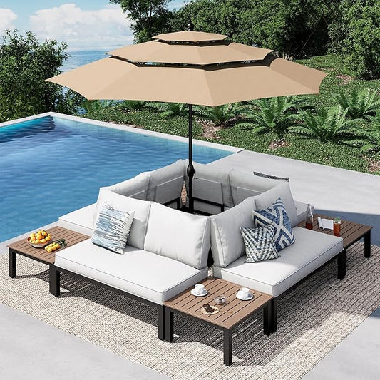 PHI VILLA Outdoor Sectional Furniture Set,8 Pieces Metal Patio Sectional Couch Set,Modern Patio Conversation Sets with Umbrella,Coffee Table,Thickened Cushion,for Poolside and Backyard,Light Grey