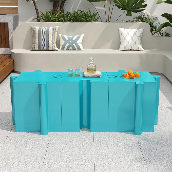 Christopher Knight Home Daton 3 Piece Interlocking Outdoor Side Table Set, Modular Lightweight Concrete Coffee Table, Convertible MGO End Table for Indoor&Outdoor, Creative Set Up, Sky Blue
