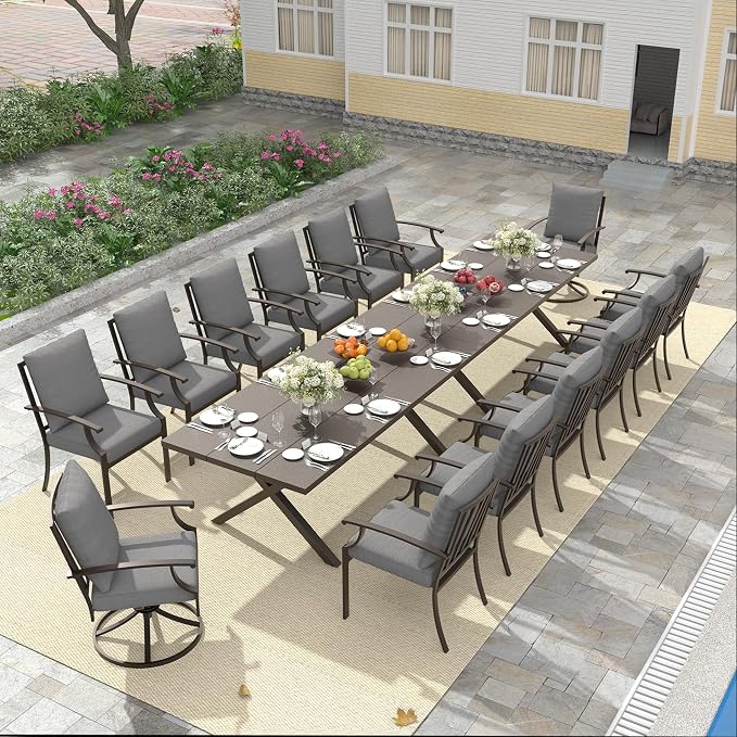 16 PCS Outdoor Patio Dining Set,Patio Table and Chairs Metal Outdoor Patio Furniture Set with Umbrella Hole,Dining Table Set with Swivel Chairs for Deck,Backyard and Garden,Grey