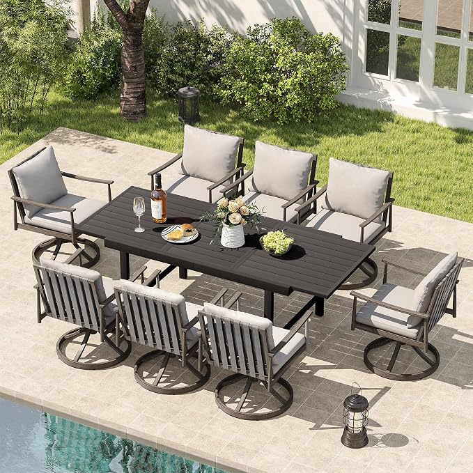 HAPPATIO 9-Piece Aluminum Patio Dining Set,Aluminum Outdoor Dining Set with Cushions,8 Swivel Chairs with Expandable Table with Umbrella Hole for Lawn, Garden, Backyard
