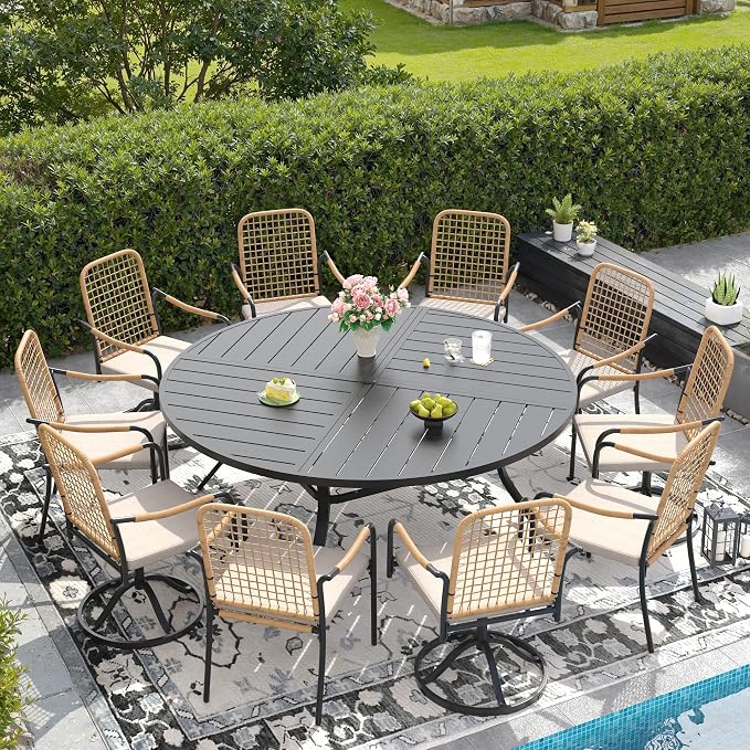DIFY 11 Pieces Outdoor Dining Set for 10, 63" Black Round Metal Table with 6 Stackable Wicker Patio Chairs & 4 Swivel Chairs, Patio Furniture Set with Cushions and Umbrella Hole, Wheat Rattan