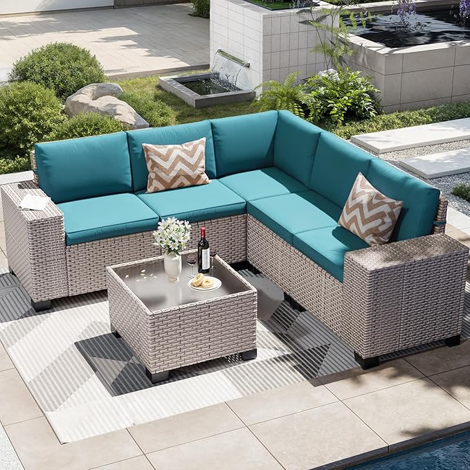 6-Piece Outdoor Patio Furniture Set, Modular Sectional Sofa Set with Glass Coffee Table and Cushions, Wicker Outdoor Couch Conversation Sets, Turquoise