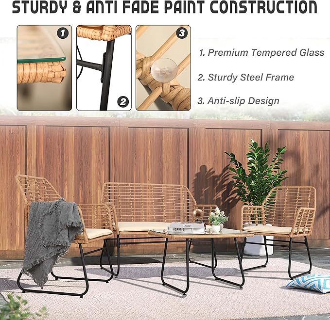 4 Piece Patio Conversation Set, Outdoor Wicker Furniture Set,Rattan Patio Furniture Sets for Backyard,Front Porch, Beige