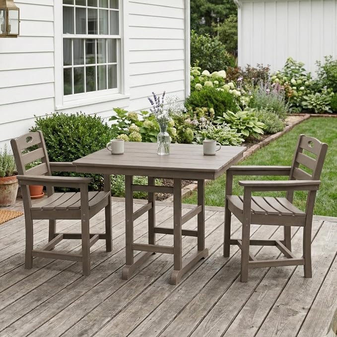 KEIKI 3-Piece HDPE Patio Dining Set Table Armchairs for Garden Small Patio Apartment All-Weather Durable Outdoor Dining Furniture Compact 2-Person Space Easy Maintenance Modern Living Set, Brown