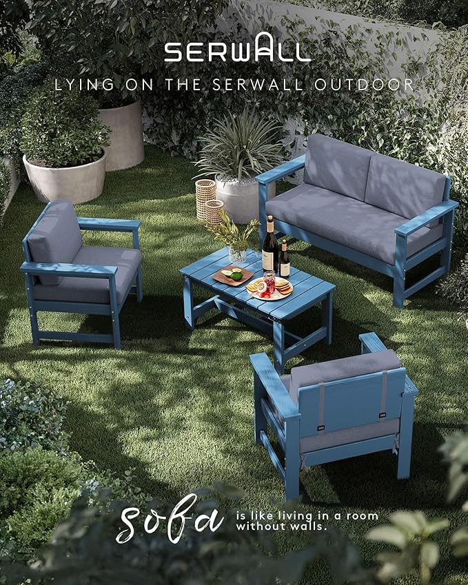 SERWALL 4 Pieces HDPE Outdoor Sofa Set with 10FT Patio Umbrella, All Weather Use Loveseat Furniture Sofa Set, Outdoor Conversation Couch with Coffee Table for Patio, Blue Frame with Grey Cushions