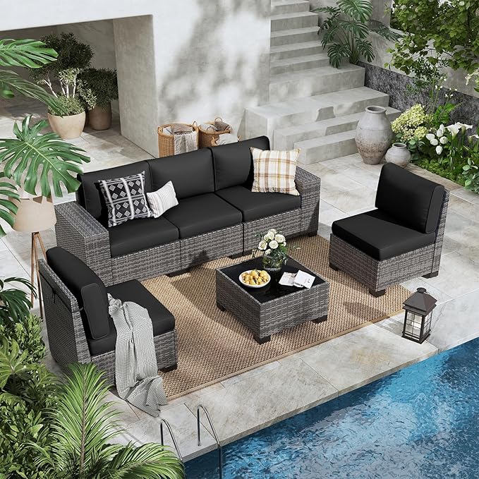 6 Pieces Outdoor Patio Furniture Set with Table Gray Rattan Sectional Sofa Conversation Sets for Balcony Lawn and Garden (Black, 6 pcs w/Table)