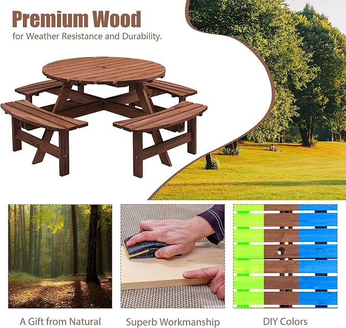 SSLine 8-Person Solid Wood Picnic Table Outdoor Round Picnic Table and Bench Set with Umbrella Hole Outside Wooden Table and Chairs Set for Patio Backyard Garden Lawn (Dark Brown)