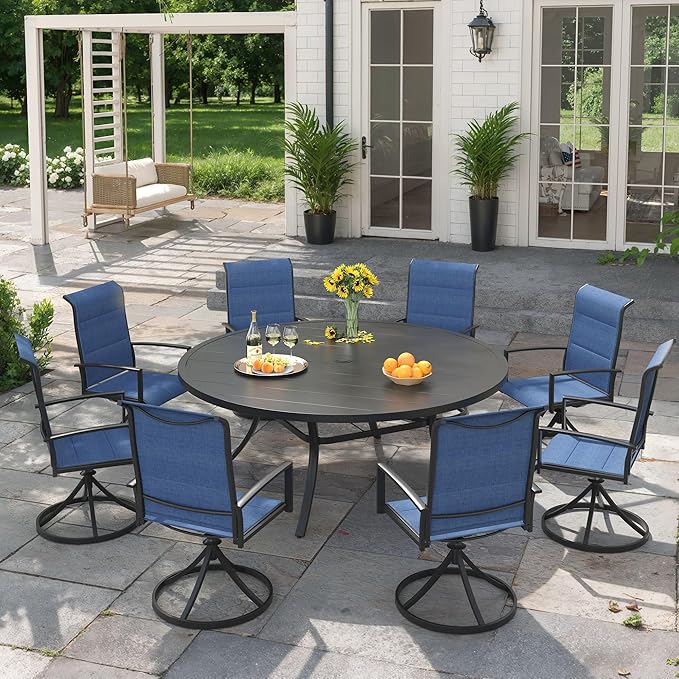 VICLLAX 9 Pieces Outdoor Dining Set, Patio Furniture Set Includes 53" Round Metal Table W/ 1.9" Umbrella Hole and 8 Padded Textilene Swivel Chairs for Porch, Lawn, Garden, Backyard
