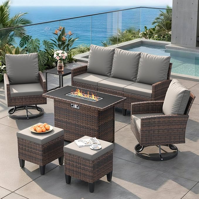 Amopatio Patio Furniture Set with Fire Pit Table,7 Pieces Conversation Sofa with 360° Swivel Chairs, All Weather Wicker Outdoor Furniture for Backyard Garden Pool Deck,Grey