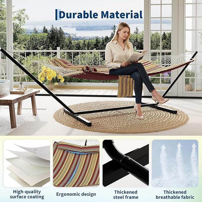 2-Person Hammock with Stand, 450lbs Capacity, Padded Polyester, Heavy-Duty Steel Frame, Portable Carry Bag for Patio, Backyard & Poolside