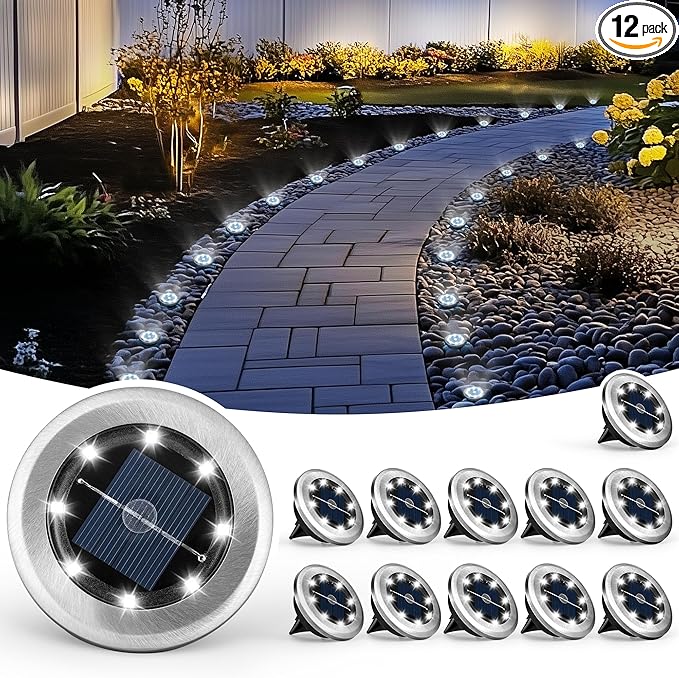 Mini Solar Ground Lights, 12 Pack Solar Powered Pathway Lights, Waterproof Outdoor Light for Garden, Driveway, Walkway, Backyard, Patio (Cool White)