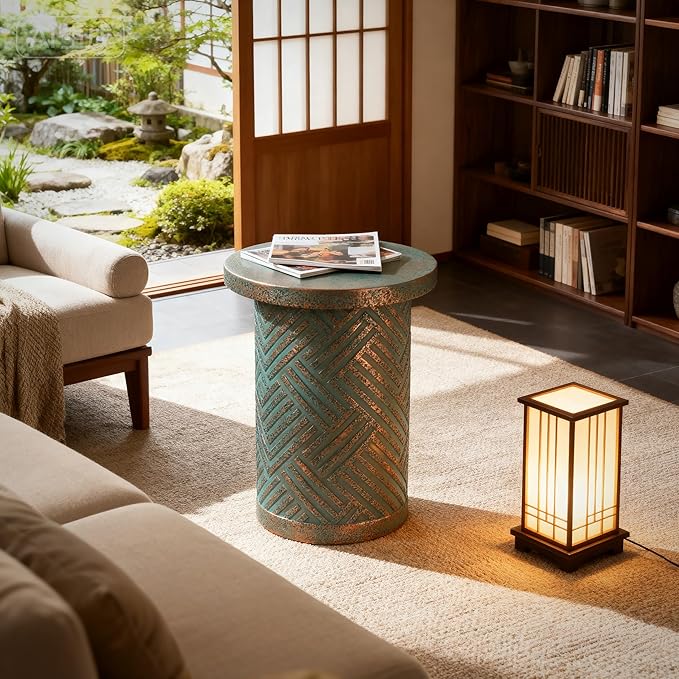16.93" Cement End Tables for Patio,Green | Faux Terrazzo Modern Small Round Side Accent Table,Tree Stump Garden Stool Drum Indoor and Outdoor