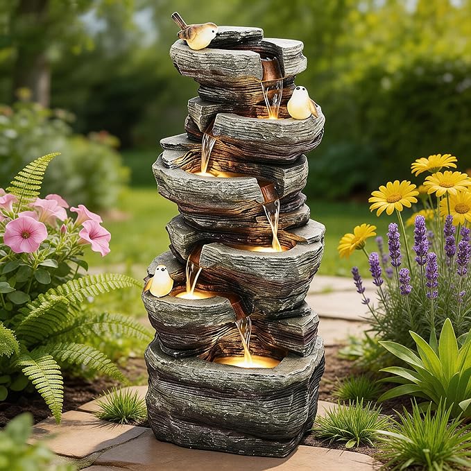 40" H Extra-Large Rock Outdoor Water Fountain with LED Lights, 6-Tier Cascading Stone Waterfall with Birds for Garden Patio Porch, Weather-Resistant Polyresin Water Feature for Tranquil Oasis