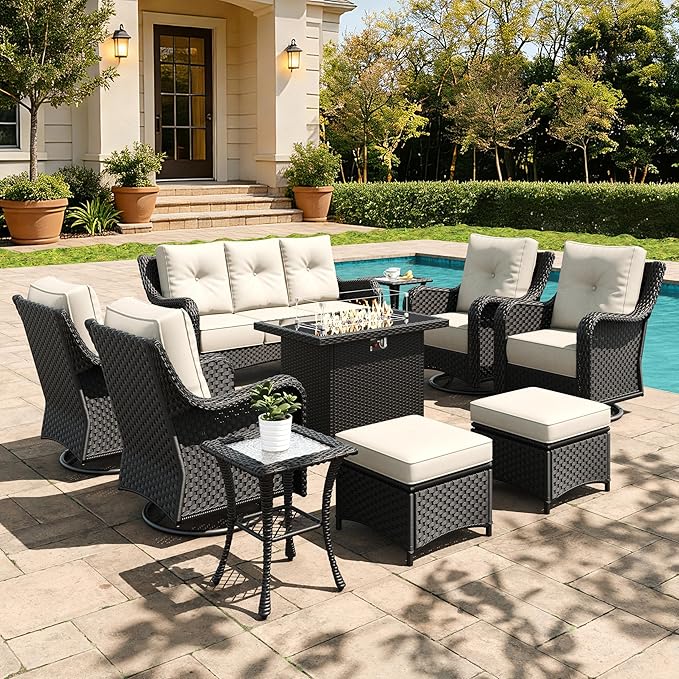 10 Pieces Outdoor Furniture Set with 6-inch Cushions, High Back Wicker Swivel Rocker Chairs with Fire Pit Table, Luxury Conversation Set for Deck Patio and Poolside