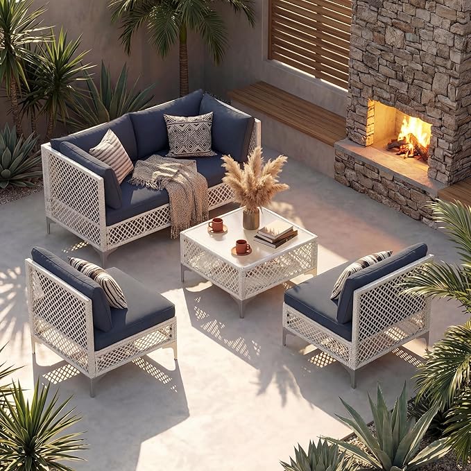 ENSTVER 5-Piece Outdoor Patio Furniture Set, Value Lightweight Boho Outdoor Sectional with Handwoven Wicker & Easy Assembly, Durable Outdoor Sofa for Small Patio, Balcony（Cushion Navy Blue）