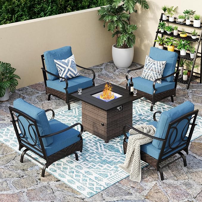 Patio Furniture Set with 32" Fire Pit Table, Patio Conversation Sets 4 Rocking Chairs with Thick Cushion and 50000 BTU Fire Pit Table (5 Pieces,Navy