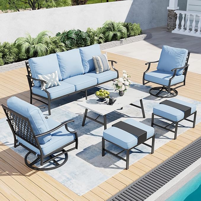 6 Piece Metal Outdoor Patio Furniture Set, Patio Conversation Sets 1 3-seater Sofa, 2 Swivel Chair, 2 Ottomans with 5.75" Thick Cushion and Coffee Table, Black Backyard Furniture, Blue